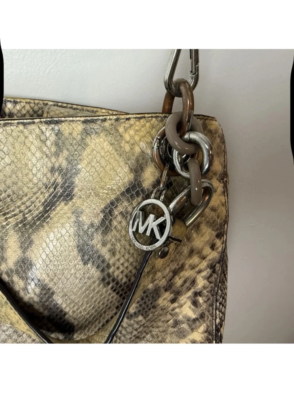 Michael Kors Satchel Brown Python Embossed Leather with 2 Charms - Picture 4 of 9